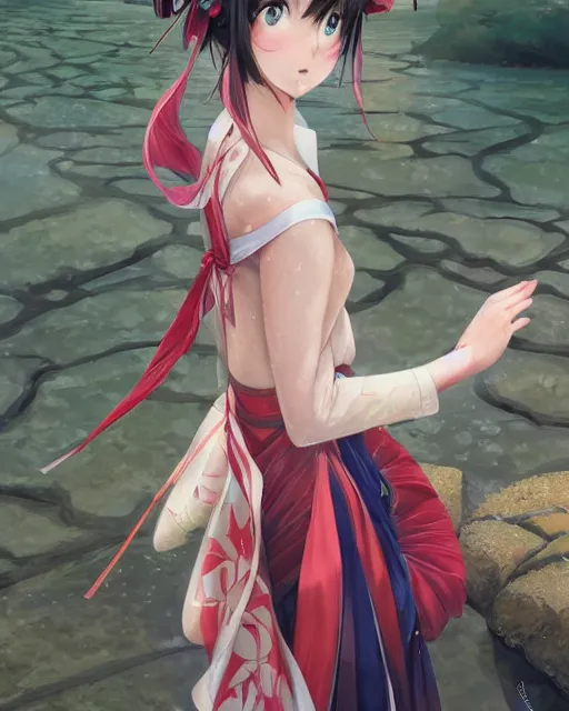 Image similar to an anime landscape of a girl wearing a kimono, near the river in a japanese summer festival from skyrim, by stanley artgerm lau, wlop, rossdraws, james jean, andrei riabovitchev, marc simonetti, and sakimichan, trending on artstation