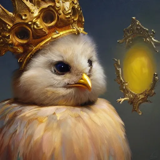 Prompt: a cute furry chick wears a golden metal crown on its head, by esao andrews, by m. w. kaluta, volumetric light, rich colors, very humorous oil painting, realistic reflections, smooth, concept art, depth perception, high depth of field, 4 k, unreal engine 5, ultradetailed, hyperrealistic, artstation