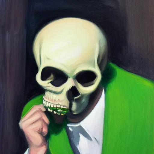 Prompt: a portrait painting of a man with a skull as his head, man is wearing a suit, the skull is green, in the style of edward hopper, 4 k,