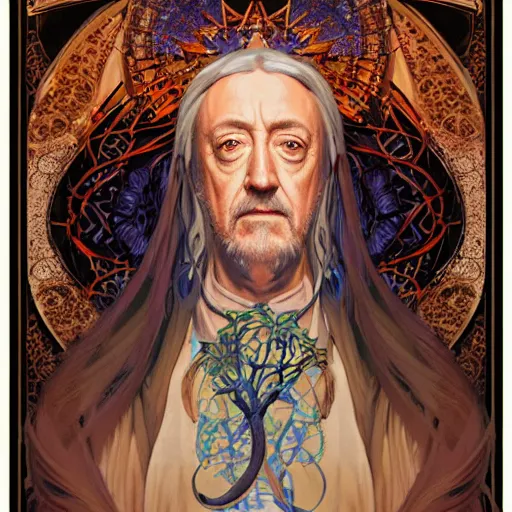 Prompt: an acrylic on canvas portrait of Alec Guinness Shaman Lightworker Alchemist Druid, Mystery, Love, wholeness, rooted lineage, web of life, open eye freedom by Greg Rutkowski, Artgerm and Alphonse Mucha. Epic fantasy art.
