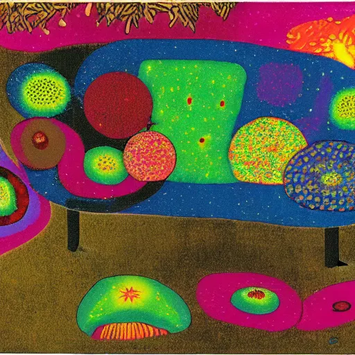 Image similar to psychedelic trippy couch in the lush forest, planets, flowers, mushrooms milky way, sofa, cartoon by mordecai ardon