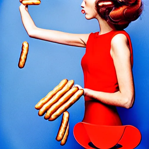 Image similar to a fashion model curls her hair using hot dogs. surreal photograph, toiletpaper magazine, 3 5 mm photograph, colourful, by pierpaolo ferrari, maurizio cattelan