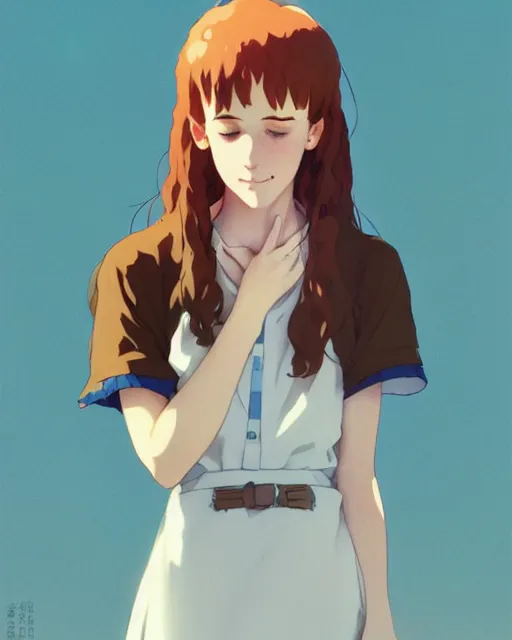 Image similar to young southern woman, freckle, ginger hair, sad cerulean eyes, simple cream dress, detailed perfect face, exquisite details, fire magic, mid view, design on a white background, by studio muti, greg rutkowski makoto shinkai takashi takeuchi studio ghibli