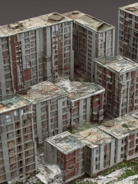 Image similar to a soviet apartment building, miniature, diorama , isometric, 3d render, studio lighting, soft light, 80mm, cheap plastic material, one object