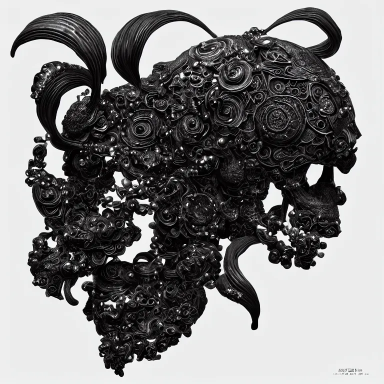 Image similar to black background. absolutely symmetrical sculpture. centered. goddess princess face close-up portrait ram skull. sculpture made of gold and black charcoal. jellyfish phoenix head, nautilus, orchid, skull, betta fish, bioluminiscent creatures, intricate artwork by Tooth Wu and wlop and beeple. octane render, trending on artstation, greg rutkowski very coherent symmetrical artwork. cinematic, hyper realism, high detail, octane render, 8k