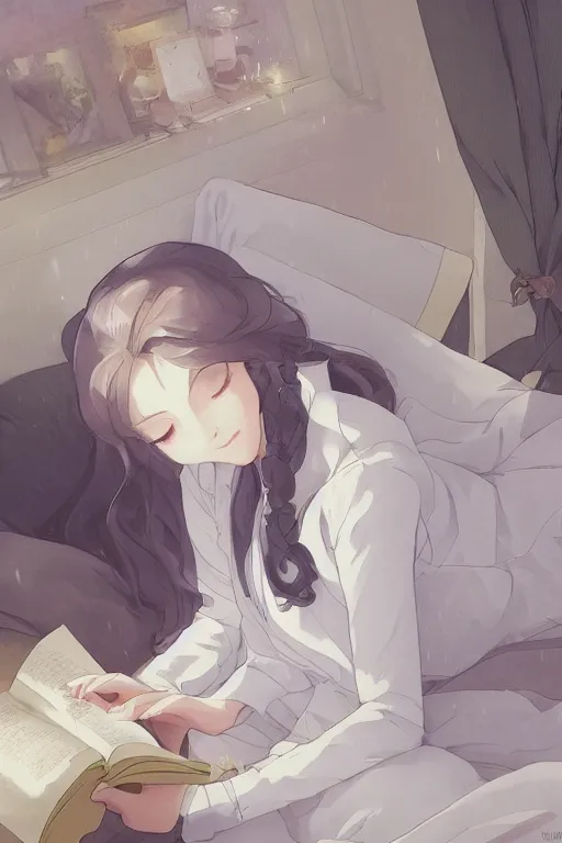 Prompt: a girl in a jk uniform outfit in the bedroom reading a book in a night, raining outside the window, grey theme ， wavy white long hair, by krenz cushart and mucha and akihito yoshida and greg rutkowski and makoto shinkai, detailed eyes, 4 k resolution