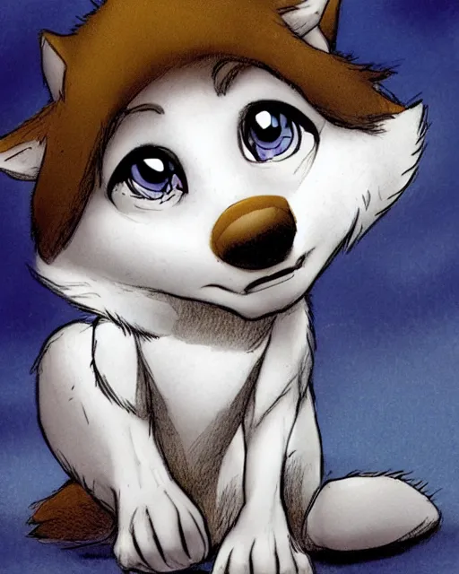 Image similar to a cute wolf pup with big eyes, illustration by glen keane
