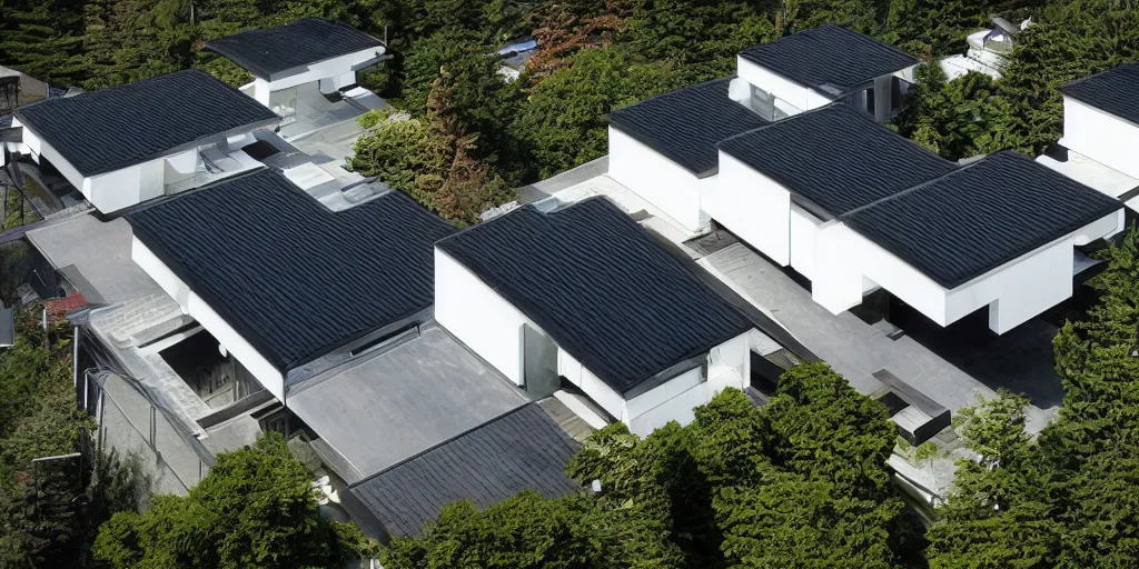 Image similar to futuristic residence, neo - japanese, pacific northwest, black tile roof