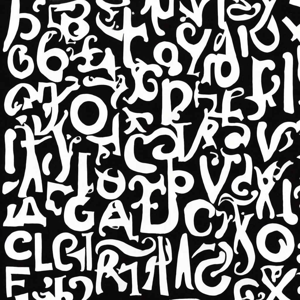 Prompt: typographical word experiments, black and white gouache