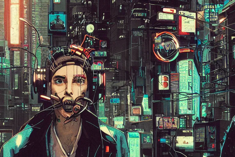 Image similar to man with wires on his head and a cigarette in his mouth, cyberpunk art by hayao miyazaki, behance contest winner, panfuturism, circuitry, darksynth, future tech