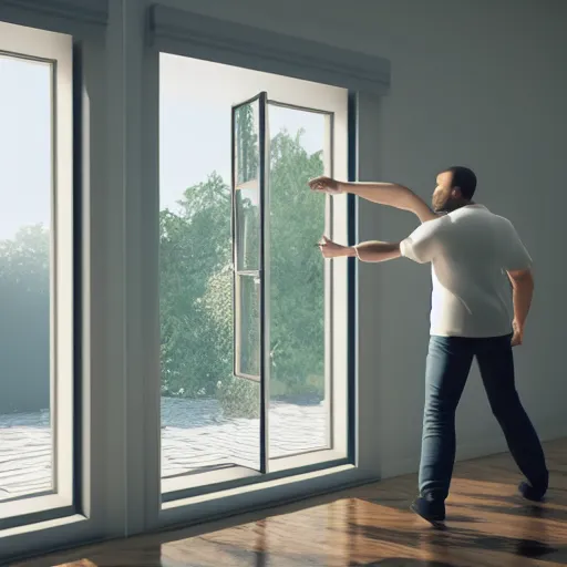 Image similar to 3 d rendered image of a man opening window, fresh air blender 3 d keyshot unreal engine