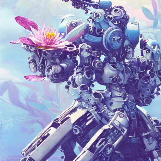 Image similar to waterlily head mobile combat suit floral rococo robot, biomechanical, waterlily mecha nymphaea, detailed illustration, concept art, smooth, sharp focus, by frank gehry, bandai macross box art