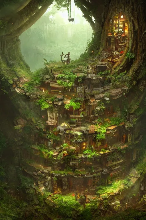 Image similar to a miniature city built into the trunk of a single colossal tree in the forest, with tiny people, in the style of craig mullins, lit windows, close - up, low angle, wide angle, awe - inspiring, highly detailed digital art