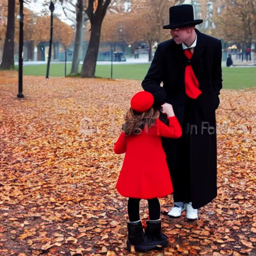 Prompt: A thin man in a black coat and bowler hat talks with small young girl dressed in a red coat and a red hat, park, autumn, Berlin, in style of valentine aerobics, wide angle, high detail, width 768