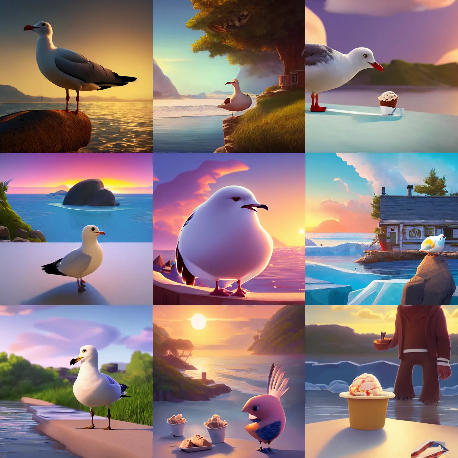 Prompt: cottagecore illustration of seagull eating ice cream, Pixar and Disney animation, sharp, rendered in Unreal Engine 5, anime key art by Greg Rutkowski, Bloom, dramatic lighting, sunrise, uhd, 4k