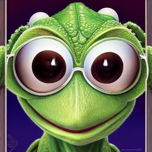 Image similar to symmetry portrait of kermit the frog, intricate, elegant, highly detailed, digital painting, artstation, concept art, smooth, sharp focus, illustration, art by artgerm and greg rutkowski and alphonse mucha, 8 k