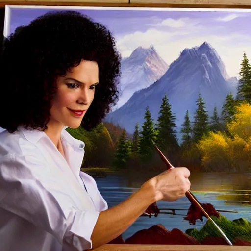 Image similar to a closeup photorealistic photograph of bob ross working on a canvas painting of wonder woman. film still. brightly lit scene. mountains and trees. this 4 k hd image is trending on artstation, featured on behance, well - rendered, extra crisp, features intricate detail, epic composition and the style of unreal engine.