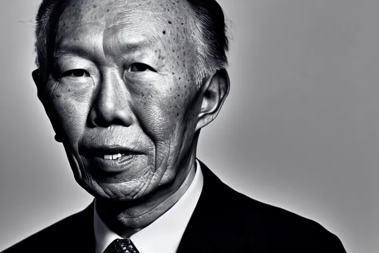 Prompt: black and white portrait photo of lee kuan yew, slight smile, natural light, low contrast, photo by Peter Lindbergh, 8K