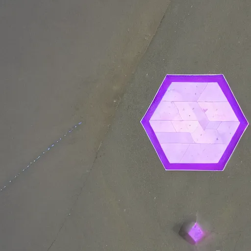 Prompt: hexagonal rhunic plane on a road with purple galaxy seeping out of the hexagons