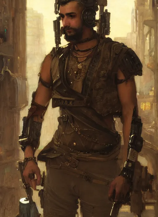 Image similar to beautiful cyberpunk mercenary wearing military vest. Iranian orientalist portrait by john william waterhouse and Edwin Longsden Long and Theodore Ralli and Nasreddine Dinet, oil on canvas. Cinematic, hyper realism, dramatic lighting, high detail 4k