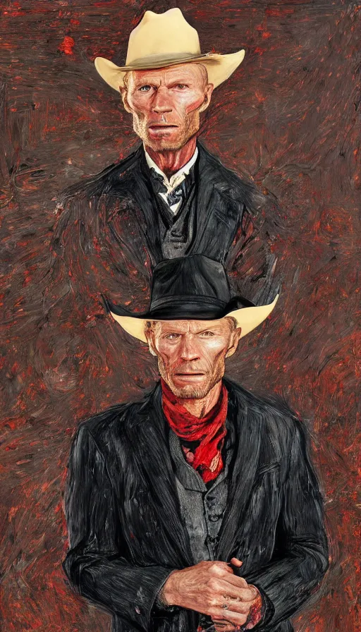 Prompt: ed harris in a black cowboy suit in red dead redemntion 2, portrait, painting by Lucian Freud, edward rucha, rembrandt