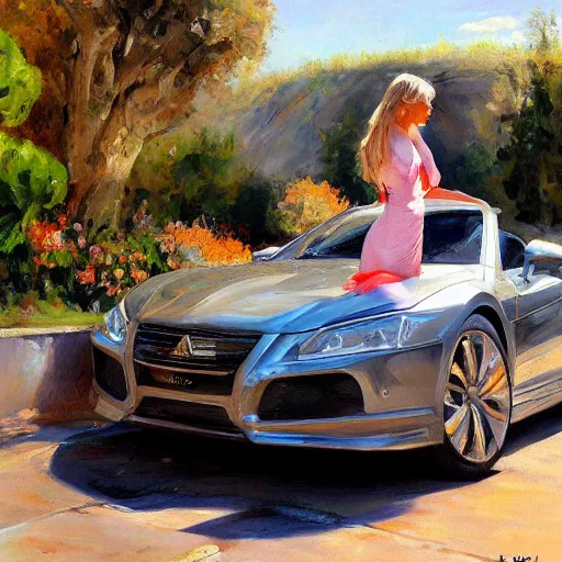 Prompt: painting volegov car blonde woman volcano