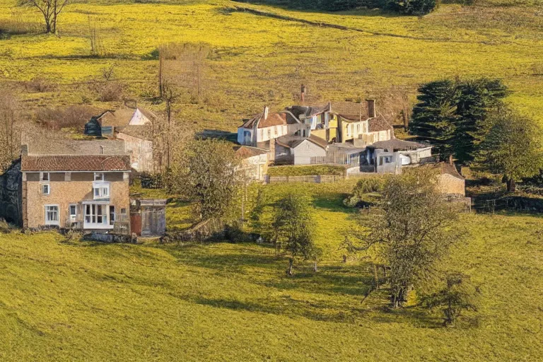 Prompt: an estate agent listing external photo of a golden 5 bedroom detached house, made of gold, metal, golden, sparkling, in the countryside, sunny day, clear skies, by Paul Lehr