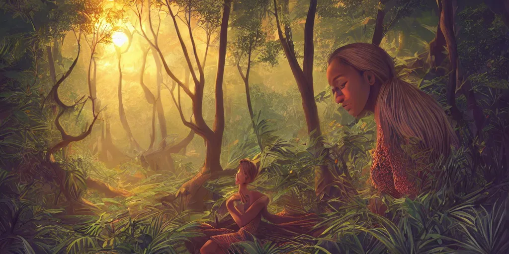 Prompt: Geometric Malagasy fairytale forest, sun in the background, intricate, elegant, highly detailed, digital painting, artstation, concept art, smooth, sharp focus, illustration, art by artgerm