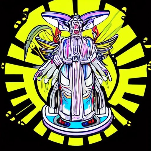 Image similar to svg vector sticker of absolutely divine-deity-angel-robotic-android-hybrid, rocking out, wearing headphones, huge speakers, dancing, rave, DJ, spinning records, digital art, amazing composition, rule-of-thirds, award-winning, trending on artstation, featured on deviantart