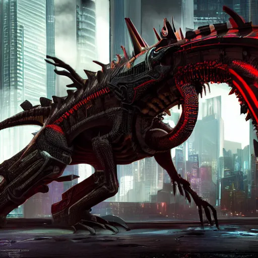 Image similar to 3d full-body render of a detailed cyberpunk dragon, highly detailed, high quality, HD, 4k, 8k, Canon 300mm, professional photographer, 40mp, lifelike, top-rated, award winning, realistic, sharp, no blur, edited, corrected, trending