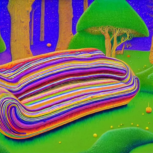 Image similar to psychedelic couch sofa in the pine forest, goose, milky way, designed by moebius, rob gonsalves, gustav dore, giuseppe arcimboldo and carl barks, louis wain, trending on artstation, canada, star, sharp focus, colorful refracted sparkles and lines, soft light, 8 k 4 k