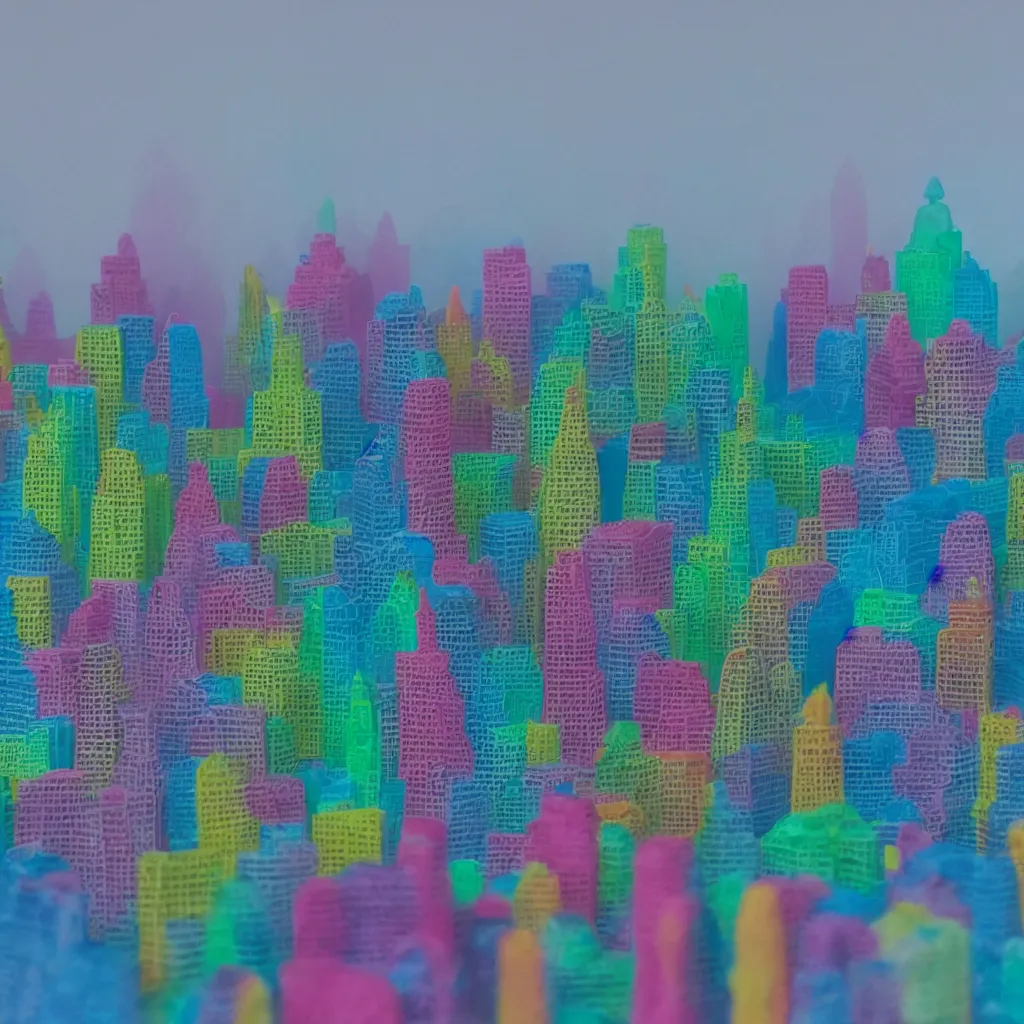 Prompt: neon plasticine city skyline in the smog