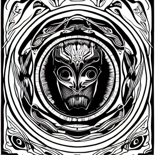 Image similar to a circular vector tattoo design in an art nouveau style, and in the style of h. r. giger.