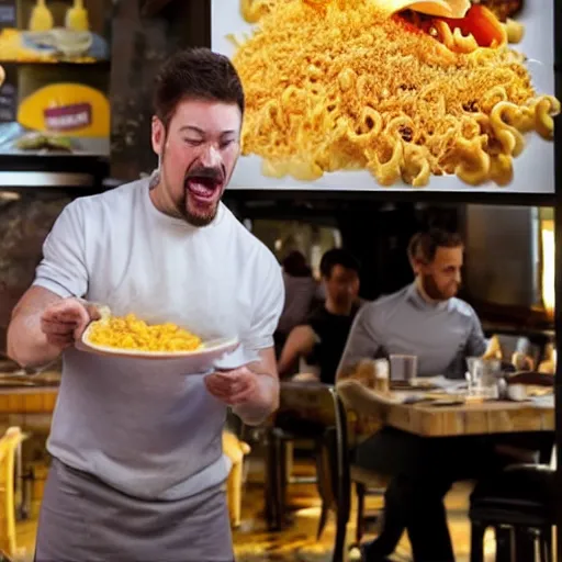 Prompt: a man standing in a busy restaurant while mac n' cheese projectile vomits from his open mouth. The cheese is everywhere. Photograph.