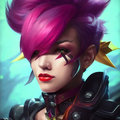 Image similar to portrait of Vi from League of Legends, by Fortiche Studio, by Riot Games, from Netflix's Arcane, trending on artstation,fine details, realistic shaded, fine-face, painted texture, pretty face