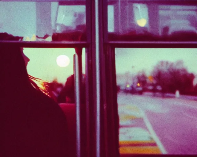 Image similar to lomo photo of shy goth girl sitting in empty bus, sunset, cinestill, bokeh