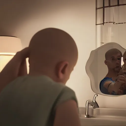 Prompt: a kid looking in a mirror and seeing his olderself in his reflection, cinematic shot, cinematic lighting, atmospheric, 8k, octane render