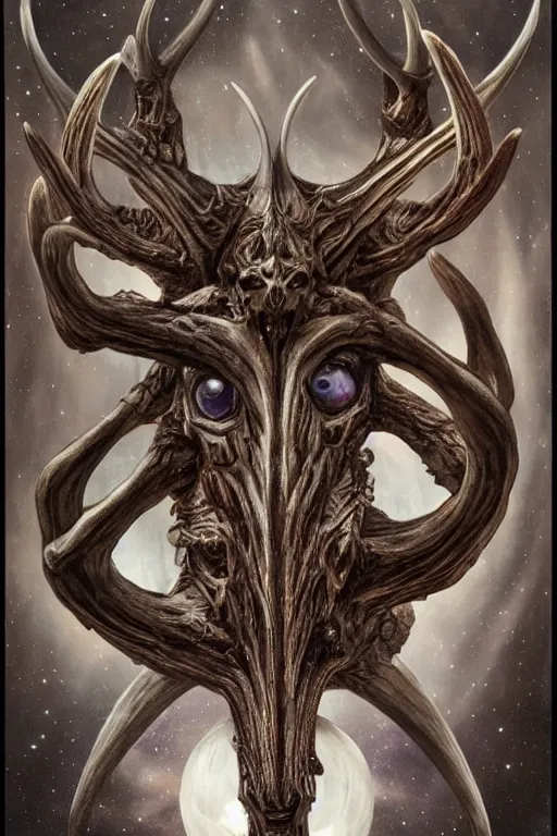 Image similar to baphomet starship!!!!! with antler made with porcelain by jeff easley and peter elson, beautiful eyes and face, symmetry face, galaxy, gothic, surreal, dread, highly detailed, intricate complexity, epic composition, magical atmosphere, masterpiece, award winning, trending on artstation