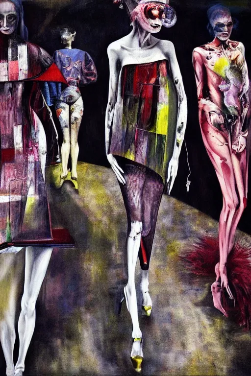 Prompt: crazy fashion catwalk, one model, crazy clothes, hauntingly surreal, highly detailed painting by francis bacon, edward hopper, adrian ghenie, gerhard richter, and james jean soft light 4 k,