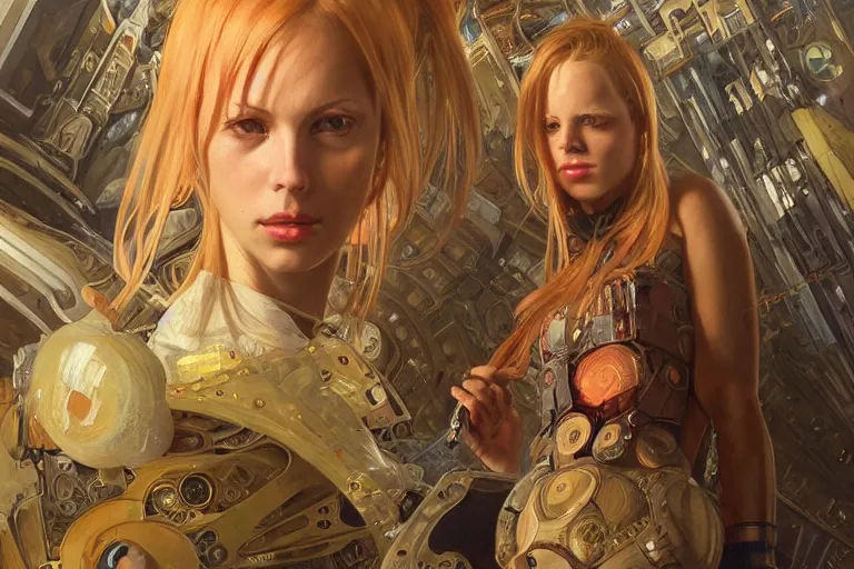 Prompt: a beautiful realistic portrait painting of liz katz as fifth element girl in a uthopian future city lanscape, intricate, elegant, highly detailed, digital painting, artstation, concept art, by krenz cushart and artem demura and alphonse mucha