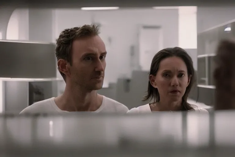 Image similar to movie closeup polar opposites, couple, researchers in a futuristic weapons lab, beautiful skin, Symmetrical faces. Beautiful lighting by Emmanuel Lubezki