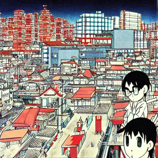 Image similar to the melancholic village of osaka by osamu tezuka, trending on pixiv