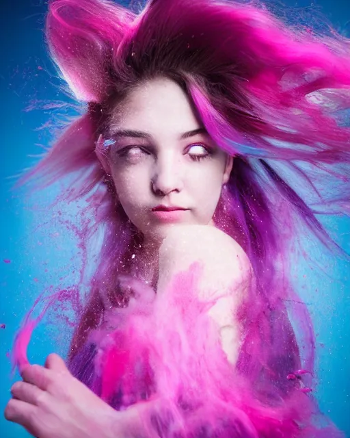 Prompt: a dramatic lighting photo of a backlight beautiful young woman with cotton candy hair. paint splashes. with a little bit of cyan and pink