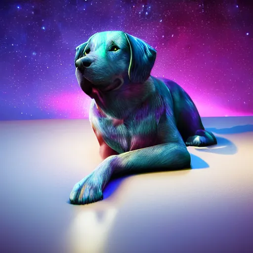 Image similar to render of dog at night, cosmic dog, galaxy coloured dog, rendered in unreal engine, artstation, colourful