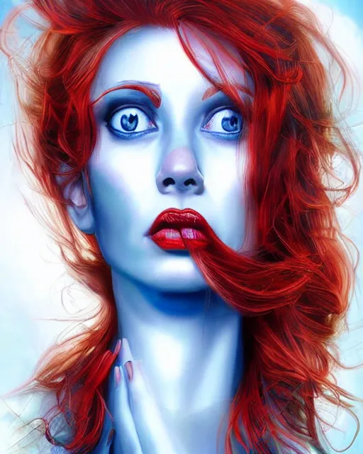 Prompt: a portrait of a beautiful woman with blue eyes and red hair, face in detail, highly surrealistic art in the style of Salvador Dali and Jim Warren, highly detailed, trending on artstationhq