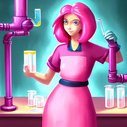 Prompt: princess bubblegum doing chemistry in a lab, matte art by ross tran