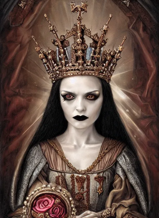 Image similar to highly detailed closeup portrait of a goth medieval queen wearing a crown and sitting on a throne, nicoletta ceccoli, mark ryden, earl norem, lostfish, global illumination, god rays, detailed and intricate environment