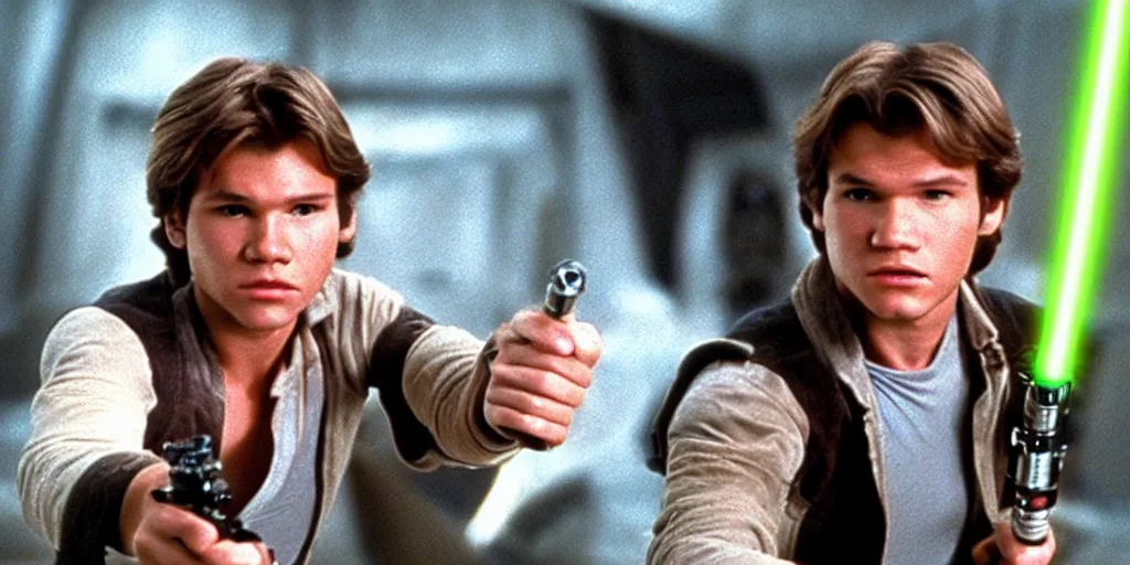 Prompt: A full color still from a film of a teenage Han Solo as a Jedi padawan holding a lightsaber hilt, inside a sci-fi building, from The Phantom Menace, directed by Steven Spielberg, 35mm 1990