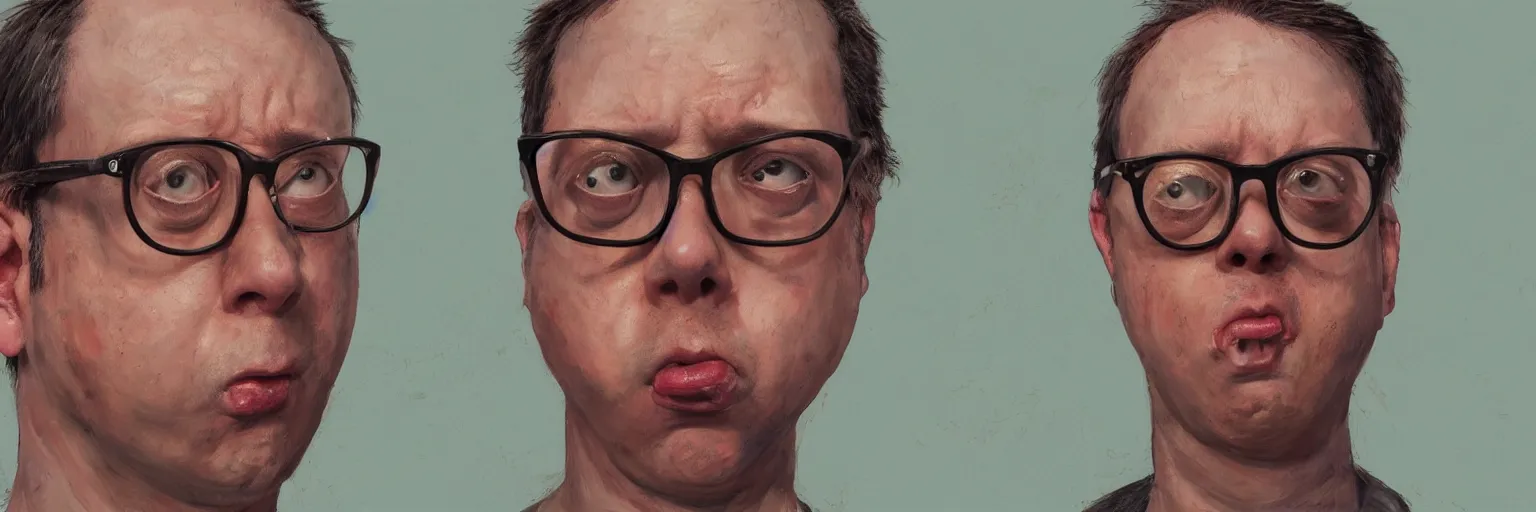 Prompt: colorful oil painting of character faces, realistic todd solondz crying, clear todd solondz face, glasses, disturbed, character sheet, fine details, concept design, contrast, kim jung gi, greg rutkowski and da vinci, 8 k, emotional, face turnaround 3 6 0, front view, back view, side view, ultra wide angle