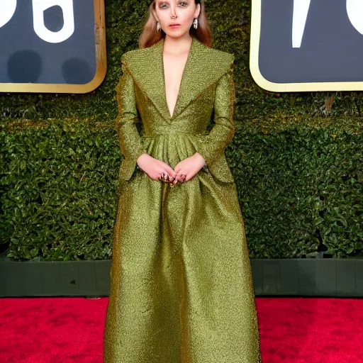 Image similar to elizabeth olsen walking on the red carpet, wearing an avocado suit with the pith in the middle, trending on unsplash, 4 k quality, intricate